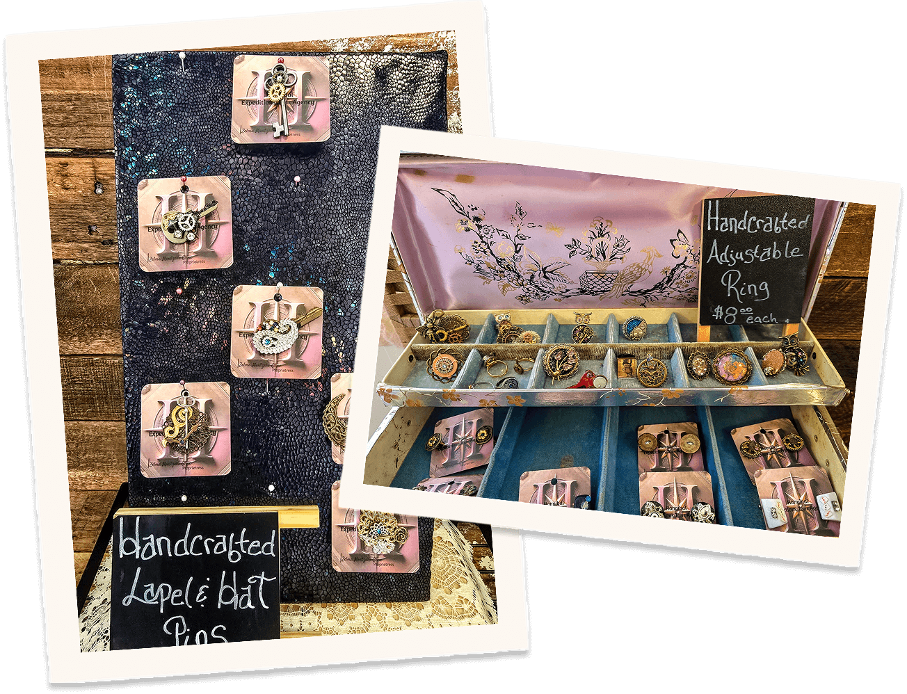 Handcrafted jewelry display with lapel and rings.
